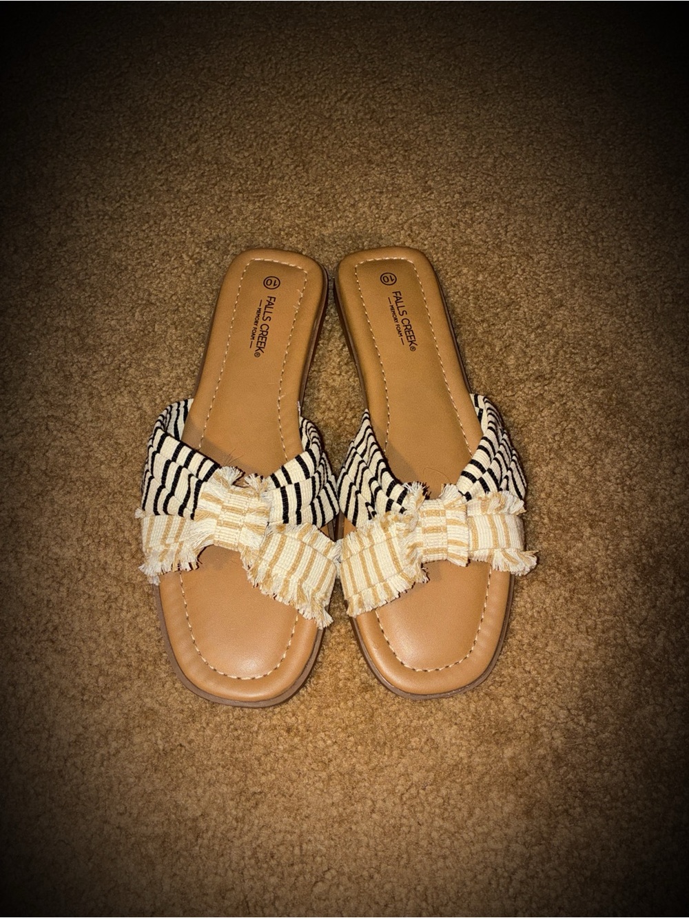 Falls Creek Striped Bow Slide Sandals - Black & Tan